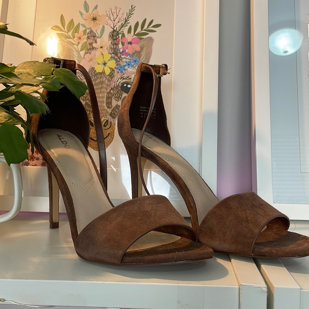 Chocolate Aldo Open Toe Suede Stilettos
